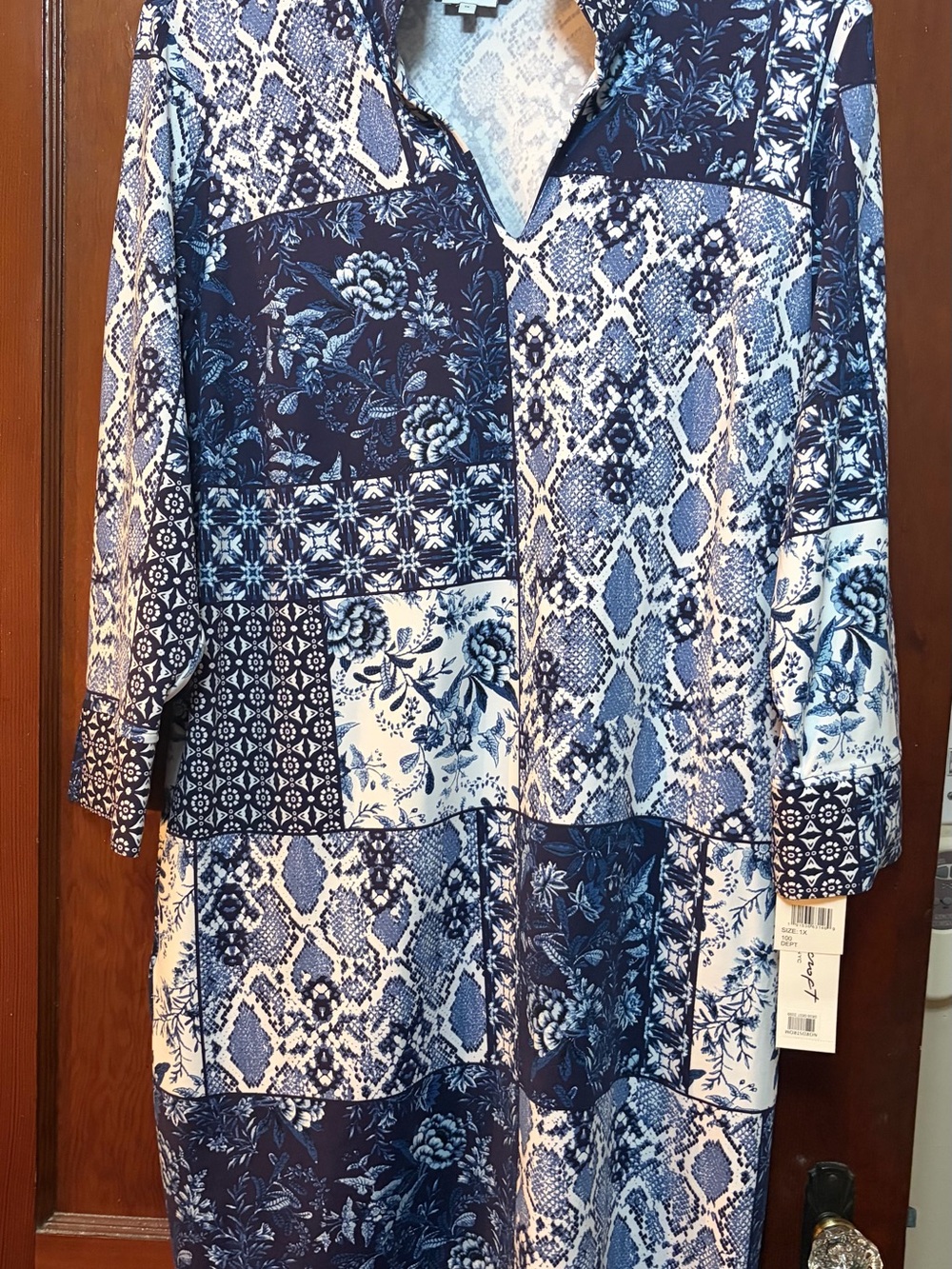 Foxcroft Blue and White Patchwork Button-Down Shirt